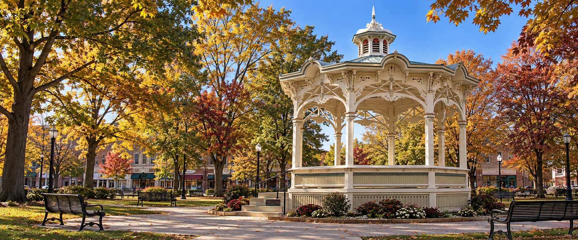 Historic Medina Square gazebo under autumn trees